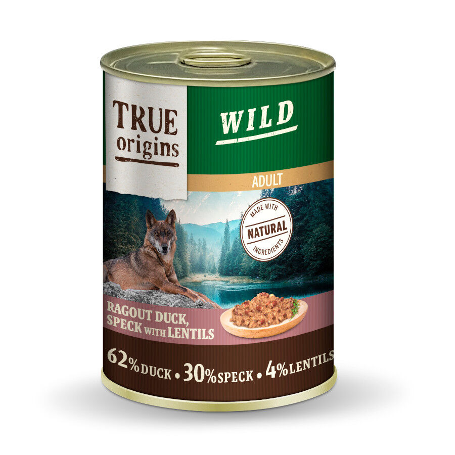 True Origins Wild Adult Dados de Pato con Speck y Lentejas lata para perros