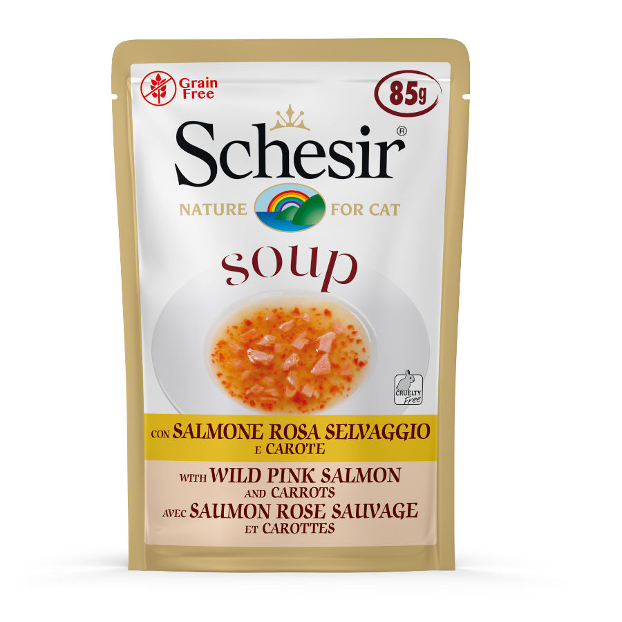 Schesir Soup salmón rosado con zanahoria sobre para gatos, , large image number null