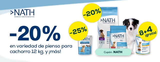 Nath: -20% en variedad de pienso para cachorro 12 kg, 8 + 4 gratis en selección de packs de húmedo 12 x 200 y 400 g. y -25% en selección de packs de snacks para perro 4 x 140 y 150 gr