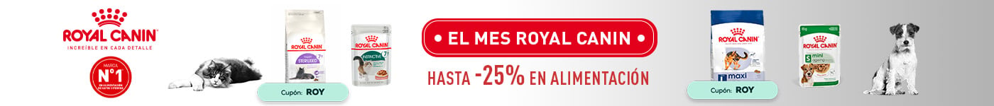 Royal Canin: -25% en selección de packs de comida húmeda para gato 48 x 85 g, 9 + 3 gratis en selección de packs de comida húmeda para perro, -15% en selección de pienso para perro 15 kg y -40% en la 2ª unidad en selección de pienso para perro