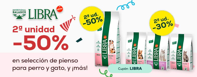 Libra: -50% en la 2ª unidad en selección de pienso para perro y gato y -30% en la 2ª unidad en selección de pienso 3 kg