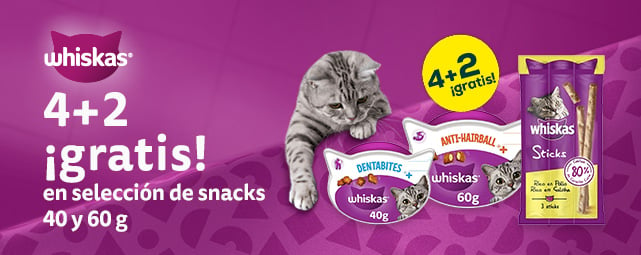 Whiskas: 4 + 2 gratis en variedad de packs de snacks para gato 
