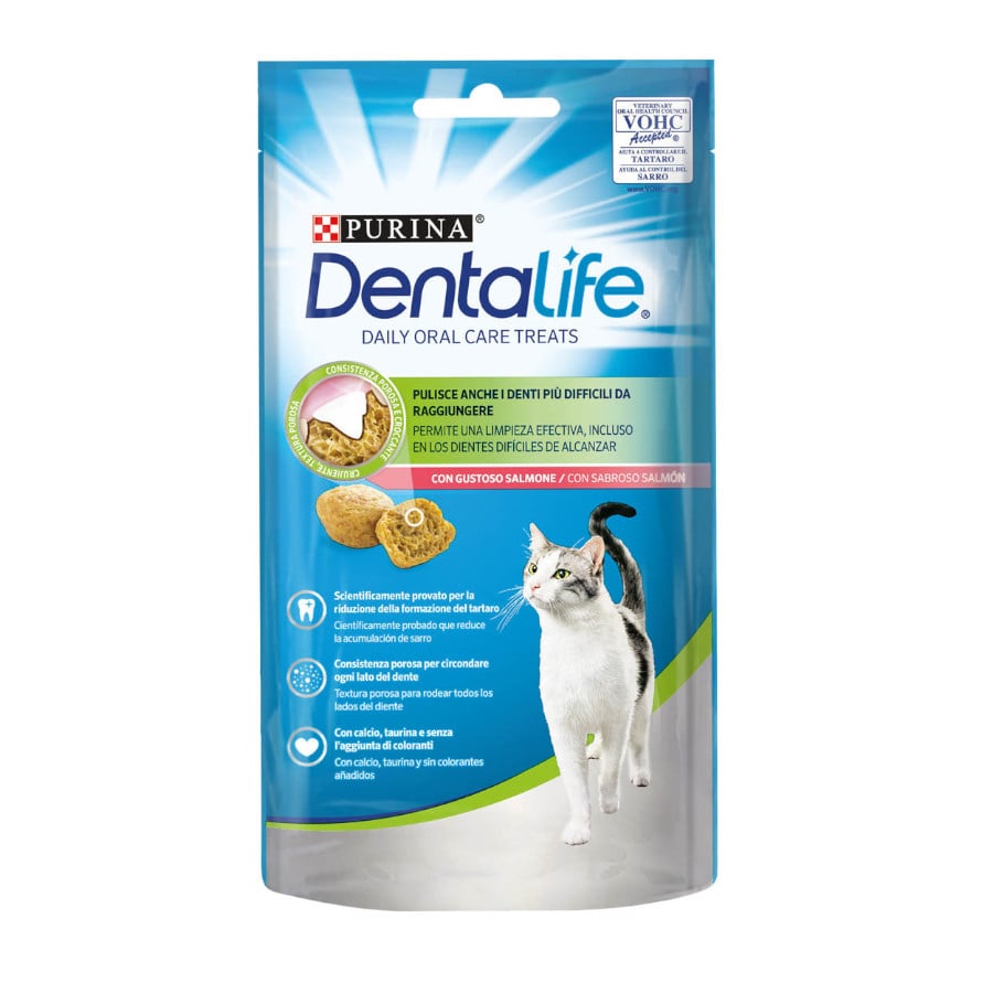 4 bolsitas x 40 g Dentalife Daily Oral Salmón Snacks Dentales para gatos ¡Pack ahorro!