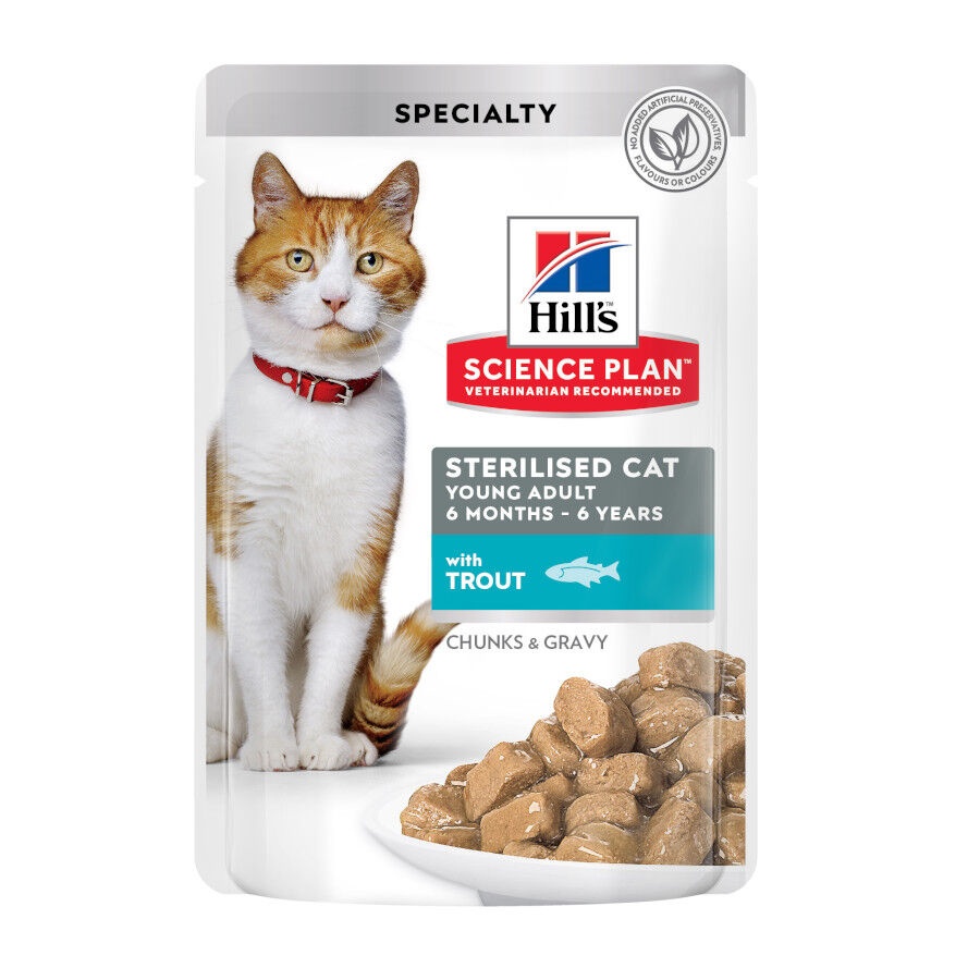 48 sobres x 85 g Hill's Science Plan Sterilised Young Adult Trucha Sobre en Salsa para gatos ¡Pack ahorro!