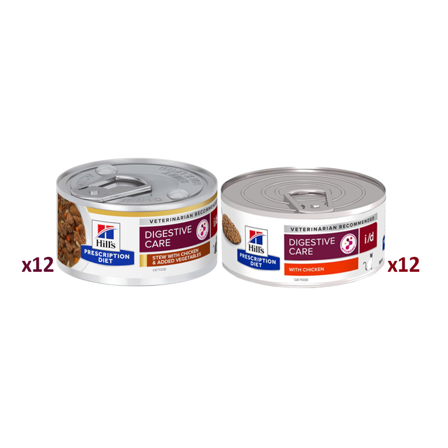 12 latas x 82 g + 12 latas x 156 g Hill's Prescription Diet Digestive Care Pollo y Pollo con Verduras de latas para gatos ¡Pack ahorro!