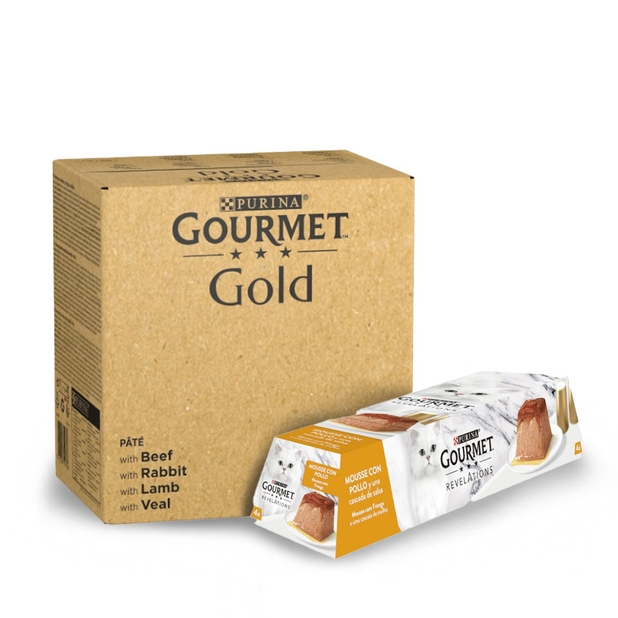 96 latas x 85 g + 24 tarrinas x 57 g Pack Comida Húmeda Mousse Gato Adulto Gourmet ¡Pack ahorro!