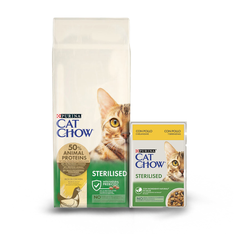 15 kg + 6 sobres x 85 g Pack Comida Gato Esterilizado Pollo Cat Chow ¡Pack ahorro!