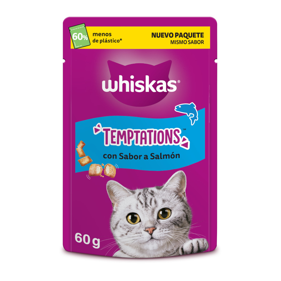 4 bolsitas x 60 g Whiskas Temptations Snacks Salmón para Gatos