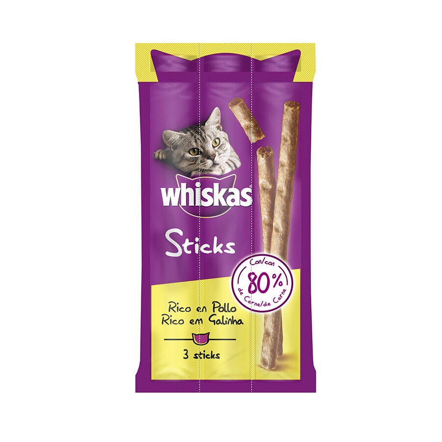 12 barritas Whiskas Sticks Snacks Pollo para Gatos ¡Pack ahorro!