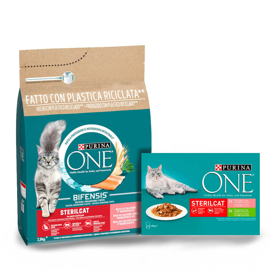 2.8 kg + 4 sobres x 85 g Pack Comida Gato Esterilizado Salmón Purina One ¡Pack ahorro!