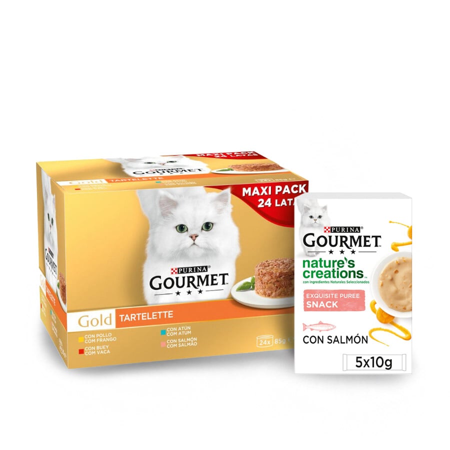 96 latas x 85 g + 15 sobres x 10 g Pack Comida Húmeda Tartelette Gato Adulto Gourmet ¡Pack ahorro!