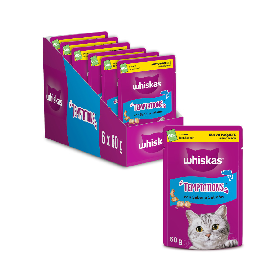 6 bolsitas x 60 g Whiskas Temptations Snacks Salmón para Gatos