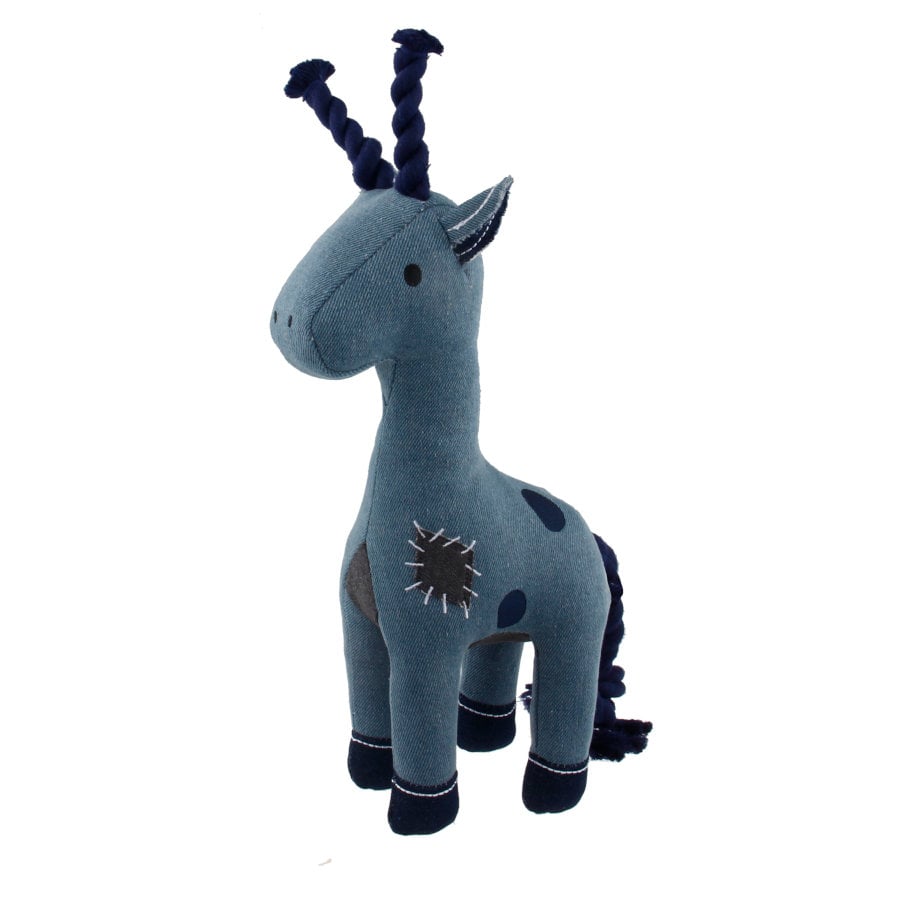 Tootoy! Comfort Denim Giraffe peluche con sonido y cuerda para perros